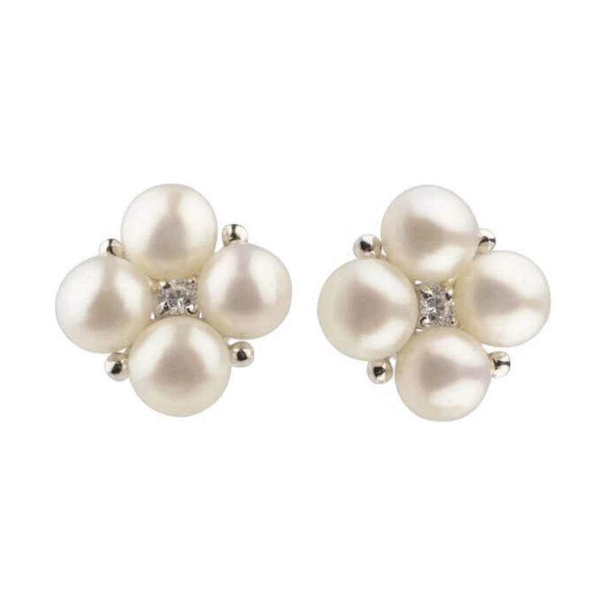 Freshwater Cultured Pearl & Cubic Zirconia Cluster Stud Earrings  |  Silver 
