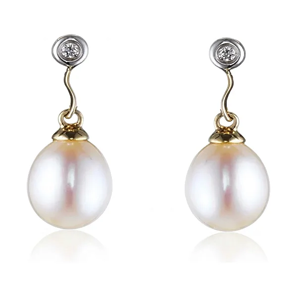 Freshwater Drop Pearl & Diamond Earrings  |  9ct Gold