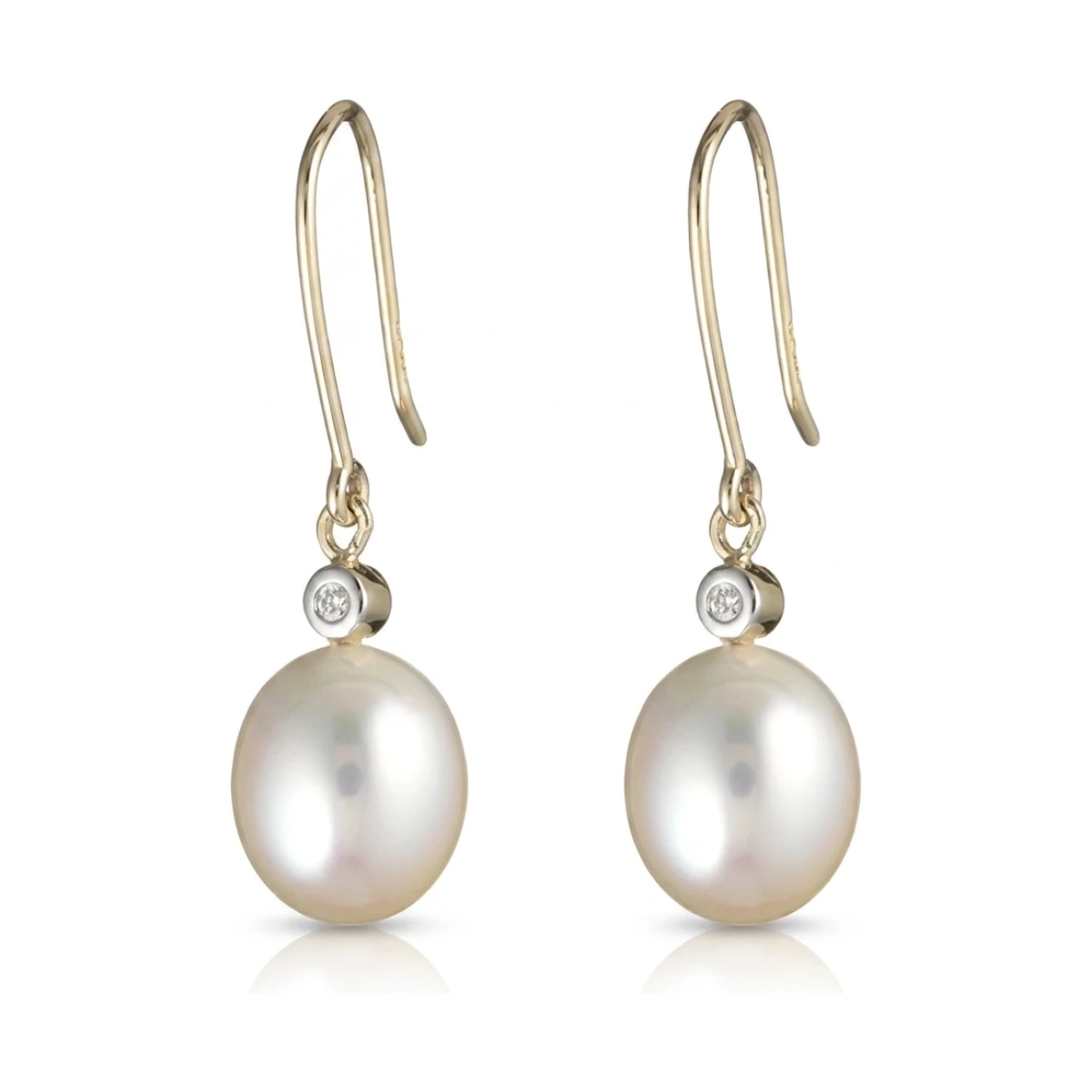 Freshwater Drop Pearl & Diamond Hook Earrings  |  9ct Yellow Gold