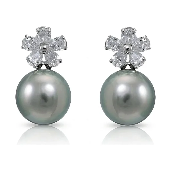 Tahitian Cultured Pearl & Radiating Diamond Stud Earrings  |  18ct White Gold