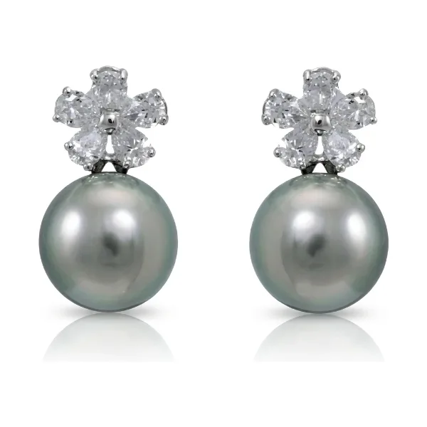 Tahitian Cultured Pearl & Radiating Diamond Stud Earrings  |  18ct White Gold