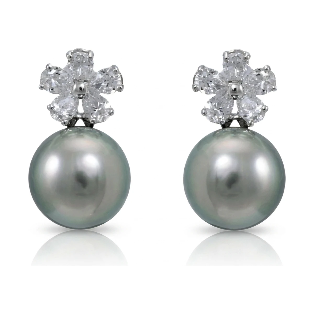 Tahitian Cultured Pearl & Radiating Diamond Stud Earrings  |  18ct White Gold