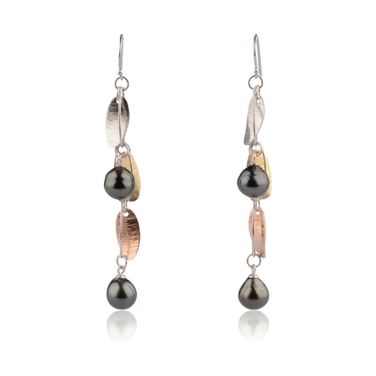 Tahitian Baroque Pearl & Tricolour Long Drop Earrings  |  Silver