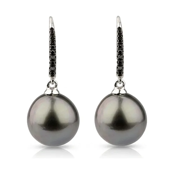 Tahitian Pearl & Black Diamond Set Hook Wire Earrings  |  18ct White Gold