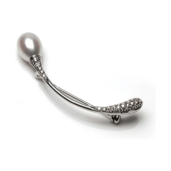 Freshwater Cultured Pearl & Diamond Curved Bar Brooch  |  14ct White Gold 