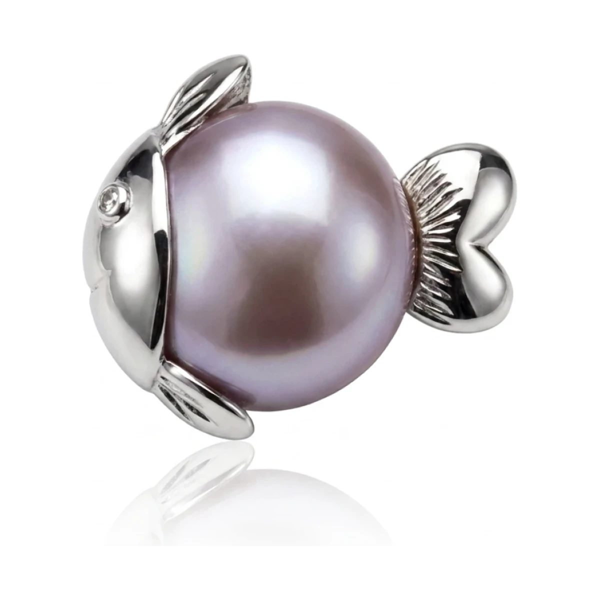 Freshwater Natural Colour Pearl Fish Brooch  |  18ct White Gold