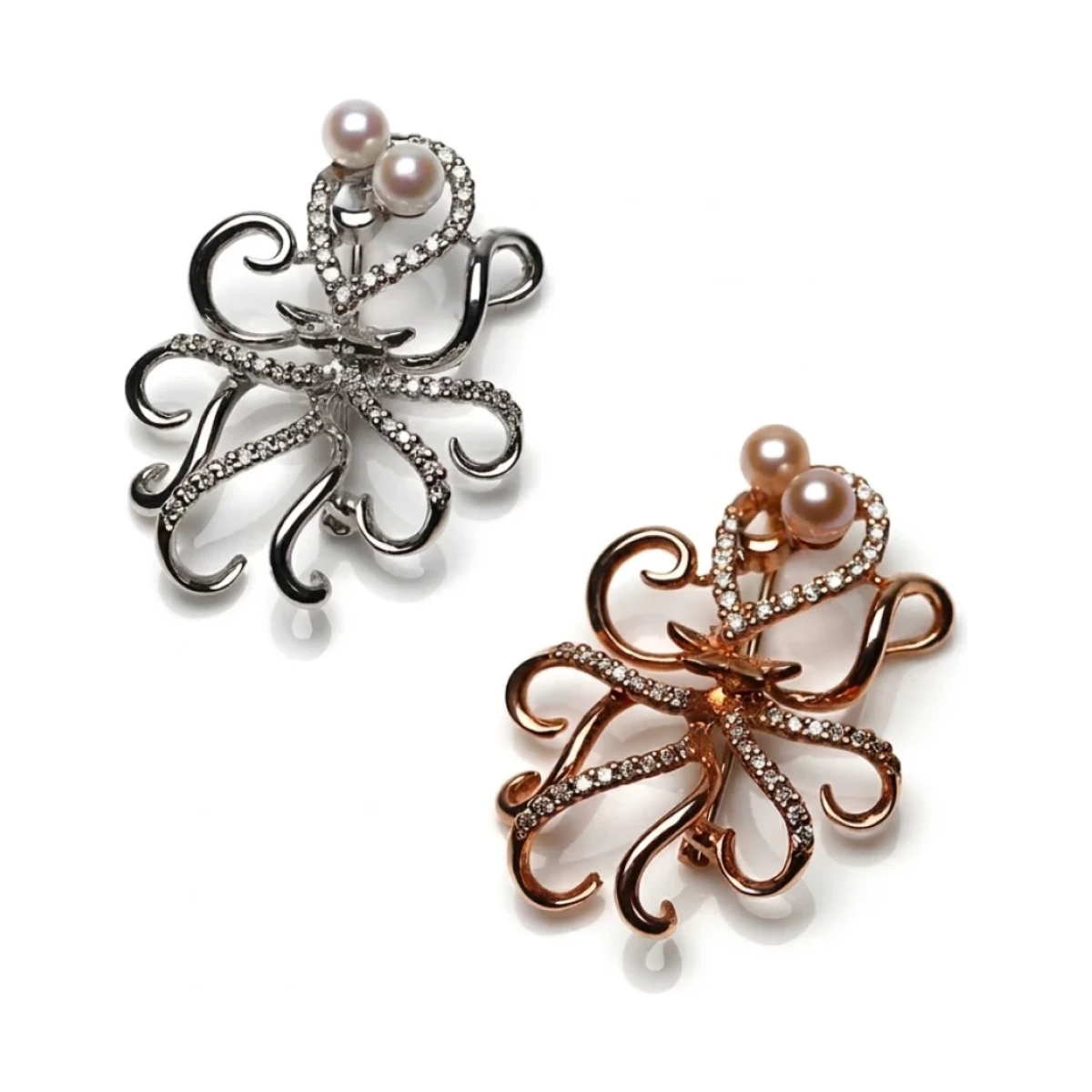 Freshwater Cultured Pearl Diamond Octopus Brooch  |  18ct Gold 