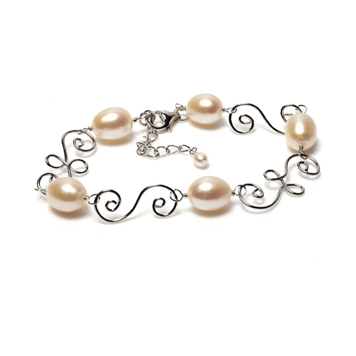 Freshwater Cultured Pearl Swirling Wire Bracelet  |  Silver