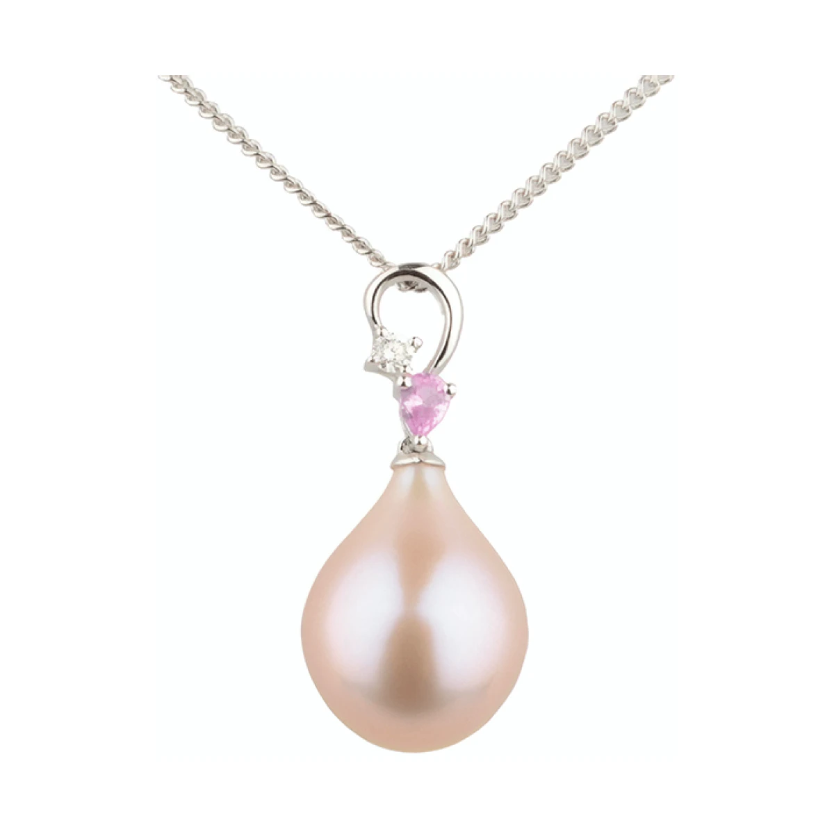 Freshwater Drop Pearl Diamond & Sapphire Pendant  |  18ct White Gold