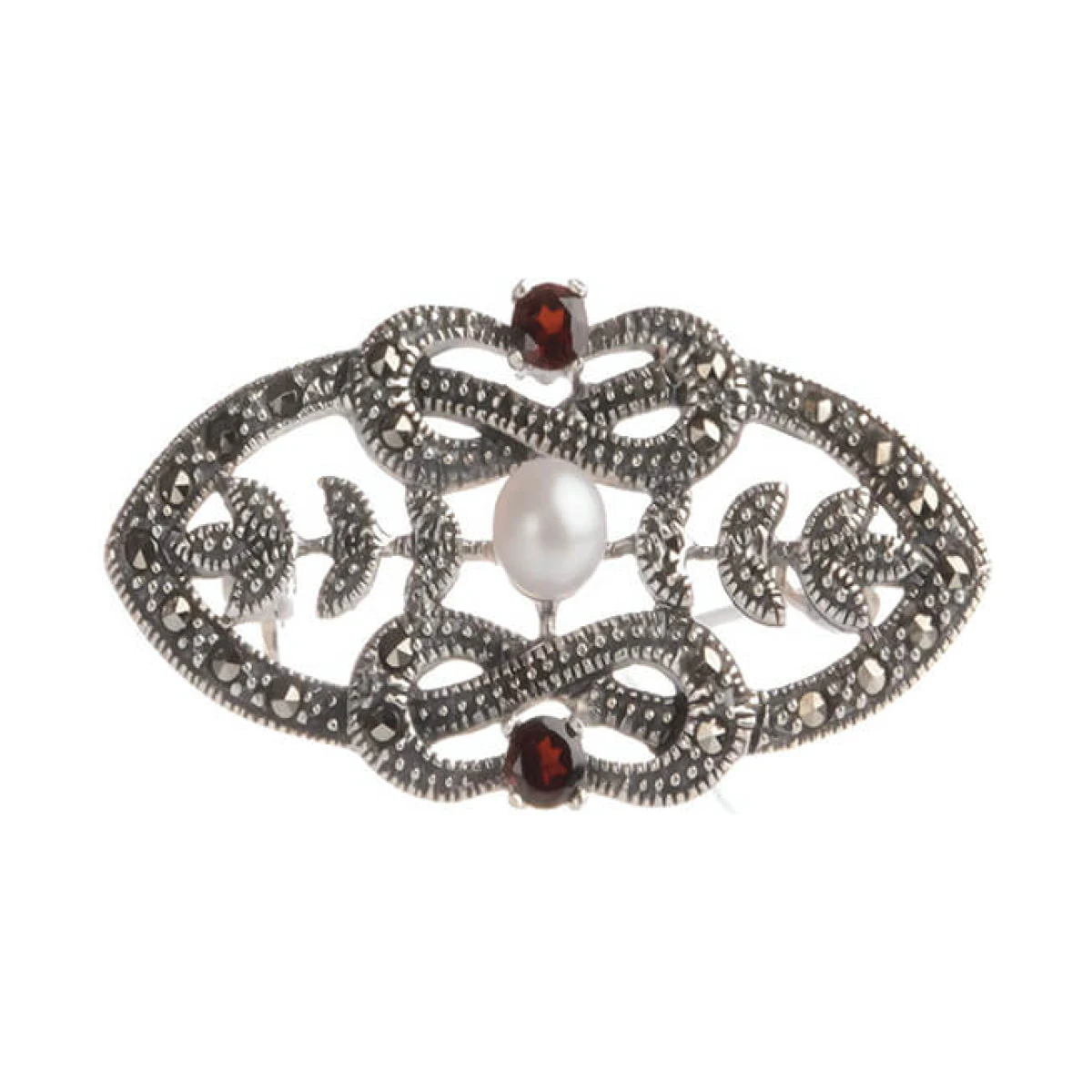 Freshwater Pearl & Marcasite Garnet Brooch  |  Silver