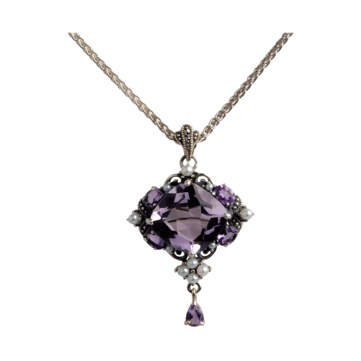 Freshwater Seed Pearl Marcasite & Amethyst Brooch/Pendant | Silver 