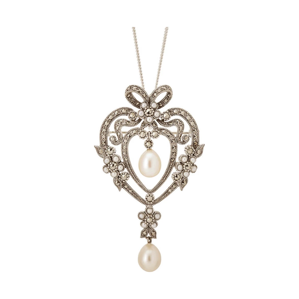 Freshwater Pearl Antique Design Marcasite Brooch/Pendant  |  Silver