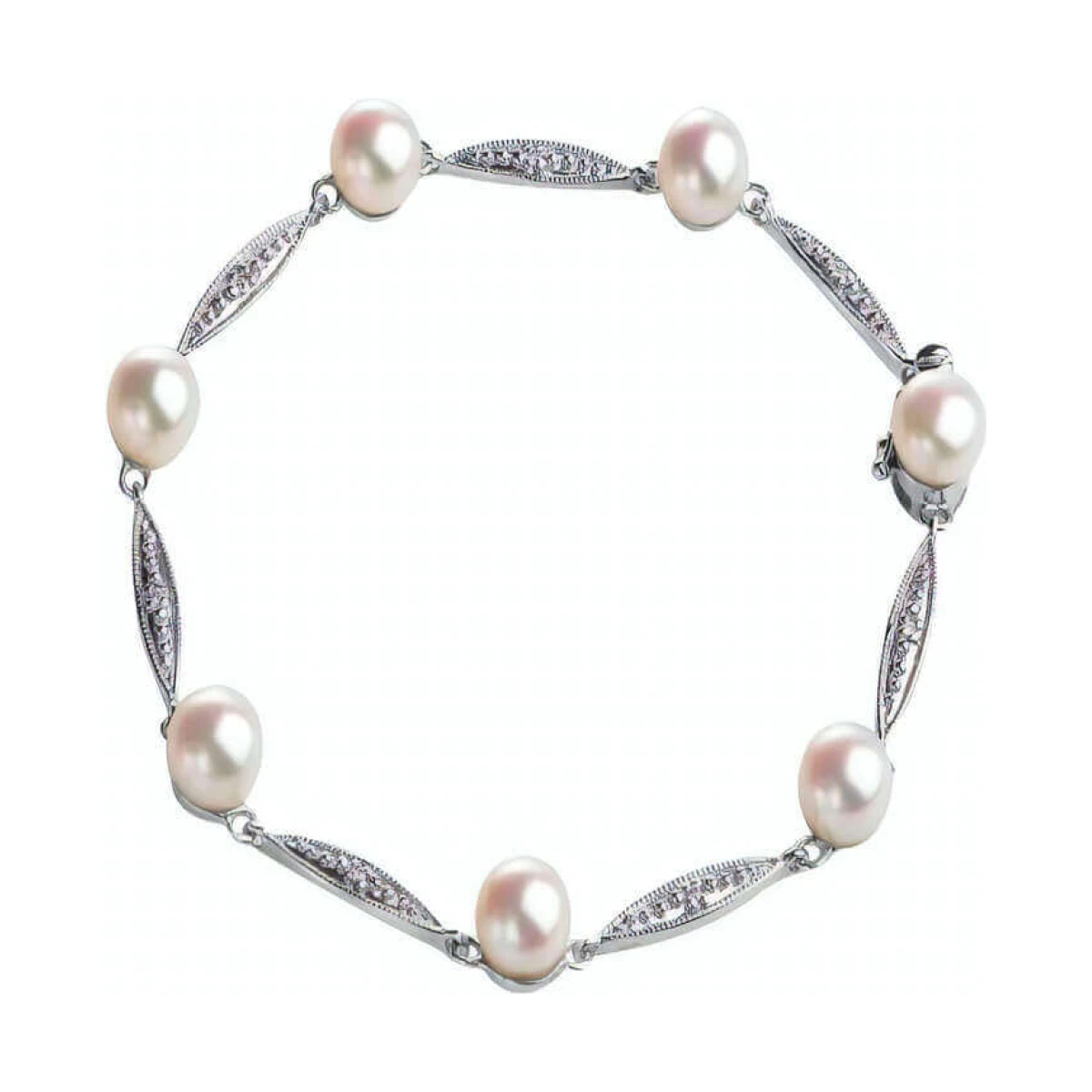 Vintage Style Freshwater Button Pearl & Diamond Bracelet  |  9ct White Gold