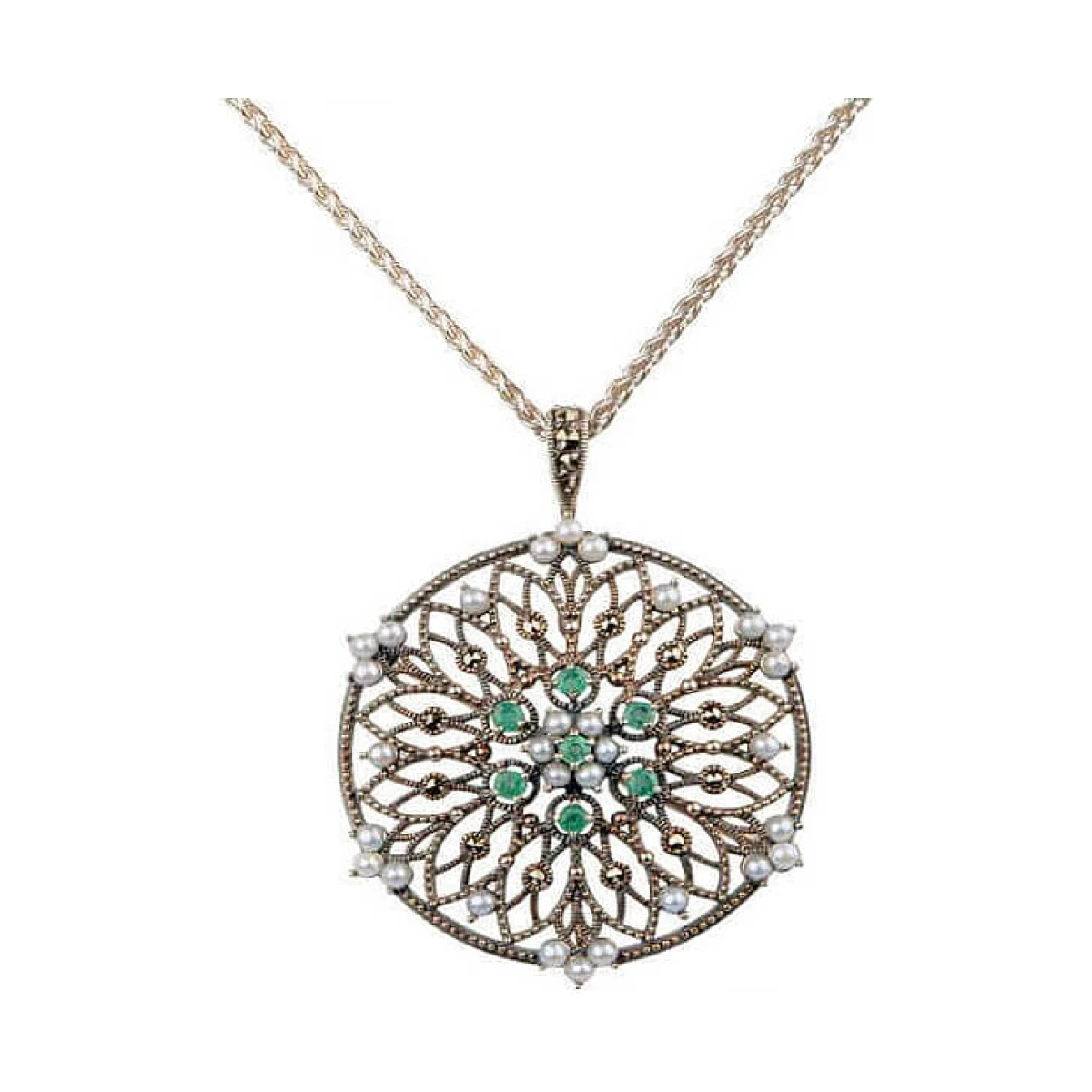 Freshwater Cultured Pearl Emerald & Marcasite Brooch/Pendant | Silver 