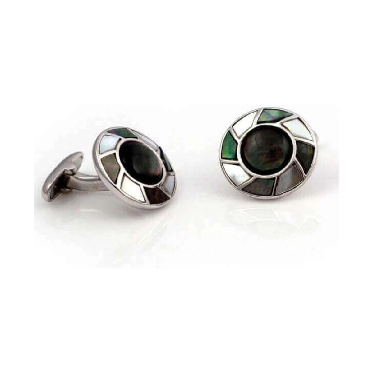 Circular Black & White Mother of Pearl Inlay Cufflinks | Silver