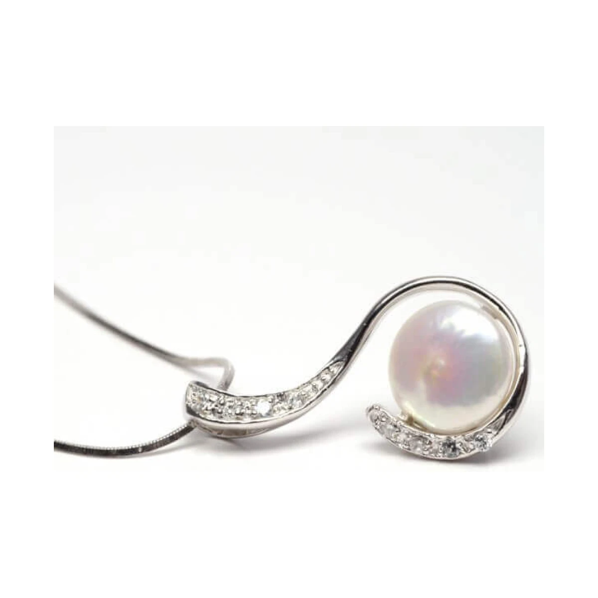 White Freshwater Coin Pearl & Cubic Zirconia Pendant  |  Silver