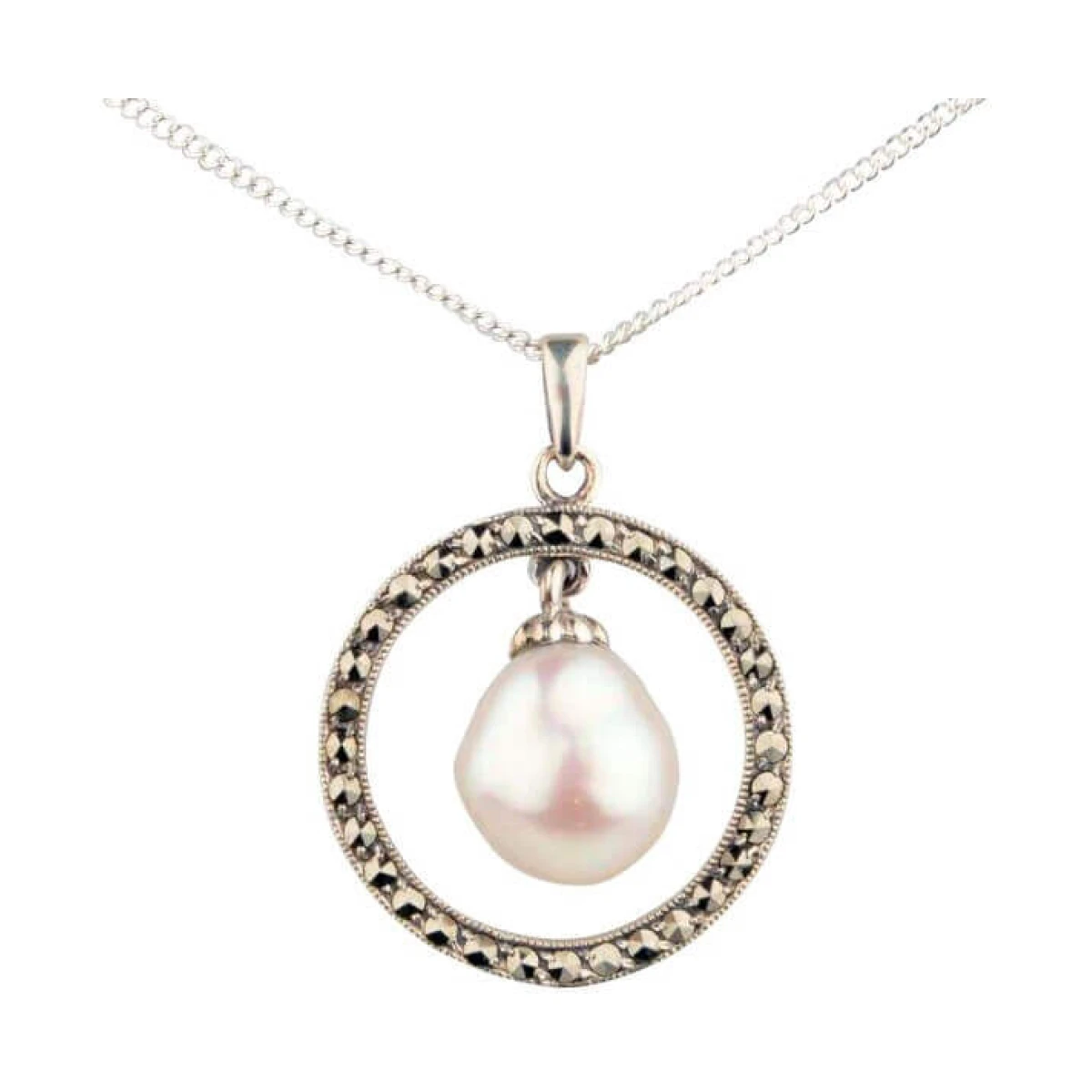 Freshwater Baroque Pearl & Marcasite Vintage Style Pendant  |  Silver 