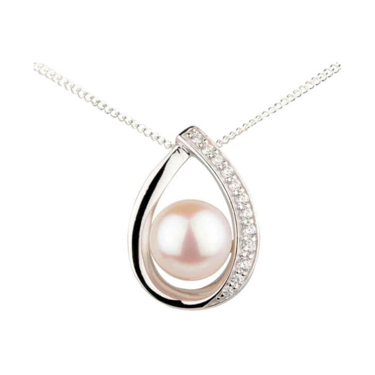  Freshwater Cultured Pearl & Cubic Zirconia Crossover Pendant and Chain  |  Silver