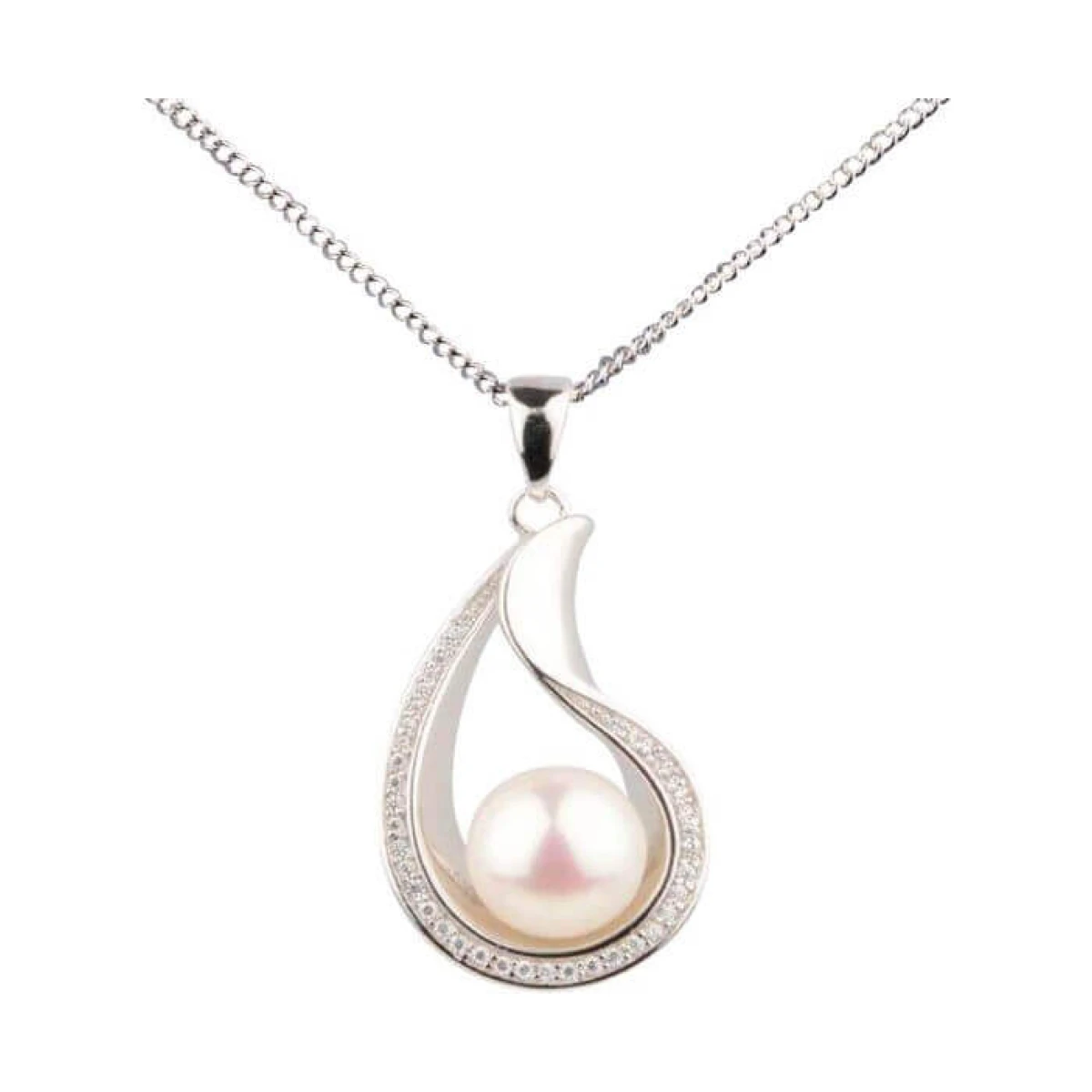 Freshwater Cultured Pearl & Cubic Zirconia Curved Pear Shape Pendant and Chain | Silver 