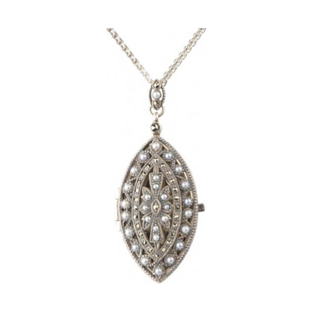 Freshwater Seed Pearl & Marcasite Navette Shape Locket Pendant  |  Silver 