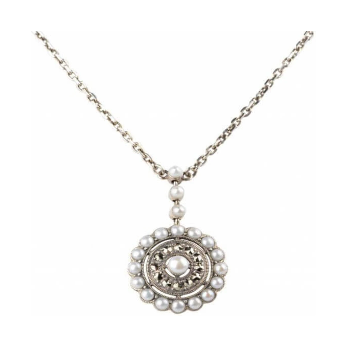 Freshwater Seed Pearl & Marcasite Antique Style Radial Cluster Necklace  |  Silver 