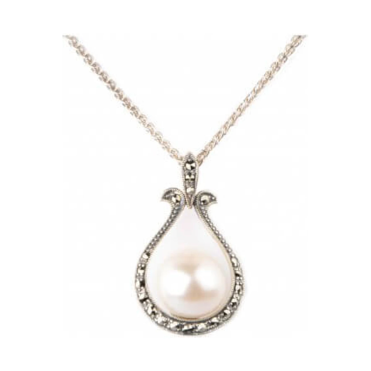 Baroque Freshwater Pearl & Marcasite Pendant with Chain  |  Silver