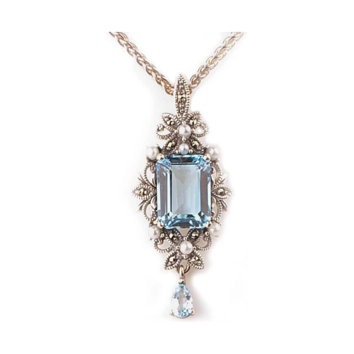Antique Style Freshwater Cultured Pearl, Blue Topaz & Marcasite Pendant and Chain  |  Silver 
