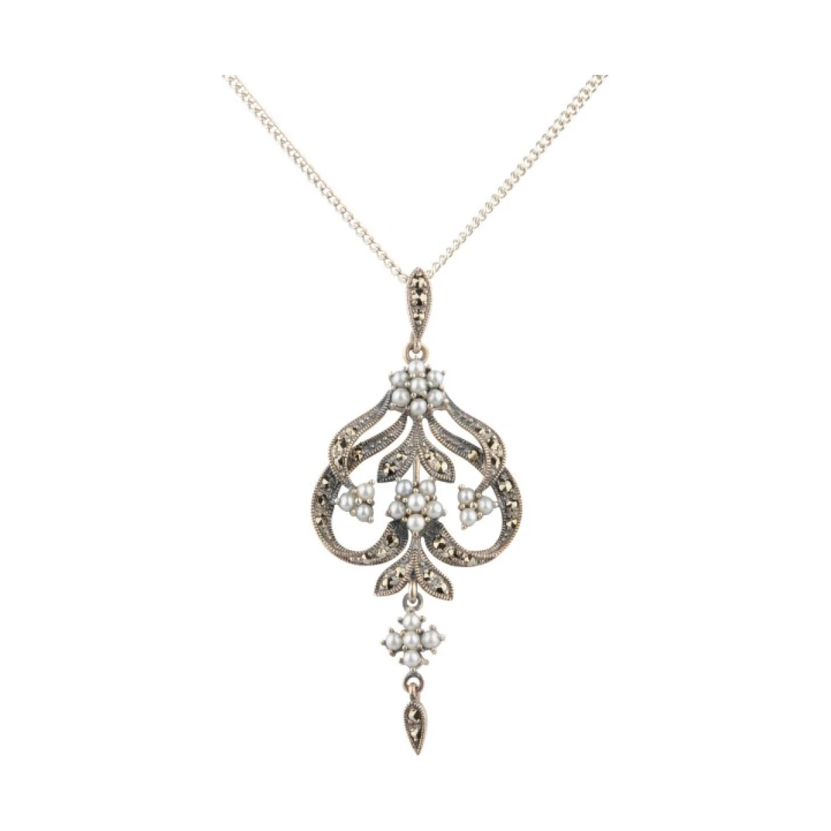 Antique Style Symmetrical Seed Pearl and Marcasite Pendant and Chain  |  Silver