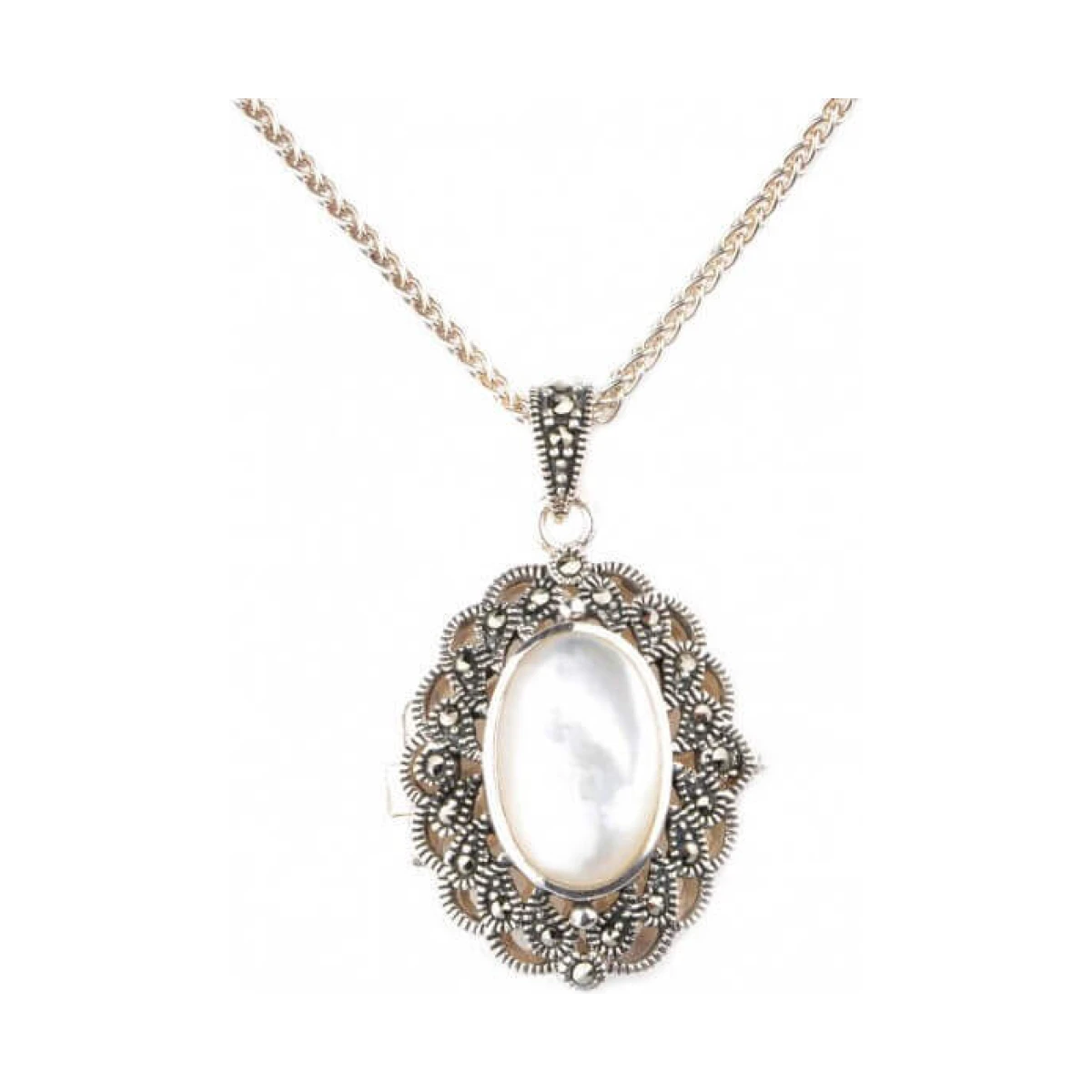 Mother of Pearl & Marcasite Oval Locket/Pendant and Chain  |  Silver