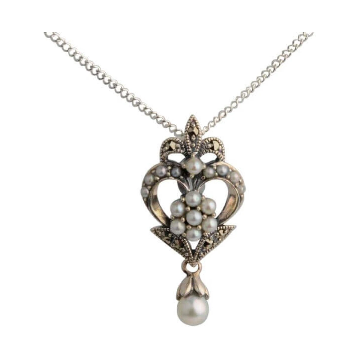  Seed Pearl & Marcasite Vintage Pendant and Chain  |  Silver