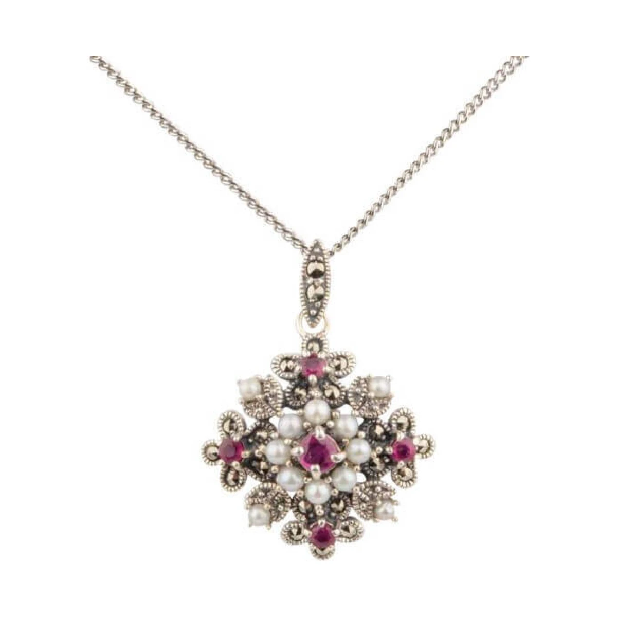 Antique Style Seed Pearl, Ruby & Marcasite Pendant and Chain  |  Silver 
