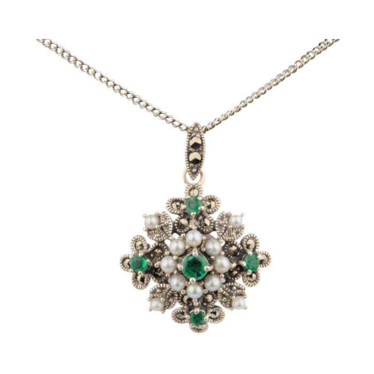 Antique design Seed Pearl, Emerald & Marcasite Pendant and Chain  |  Silver