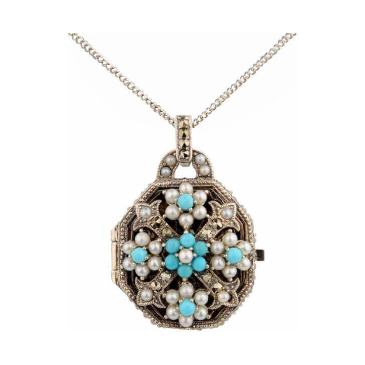 Seed Pearl, Marcasite & Turquoise Antique Style Locket and Chain  |  Silver 
