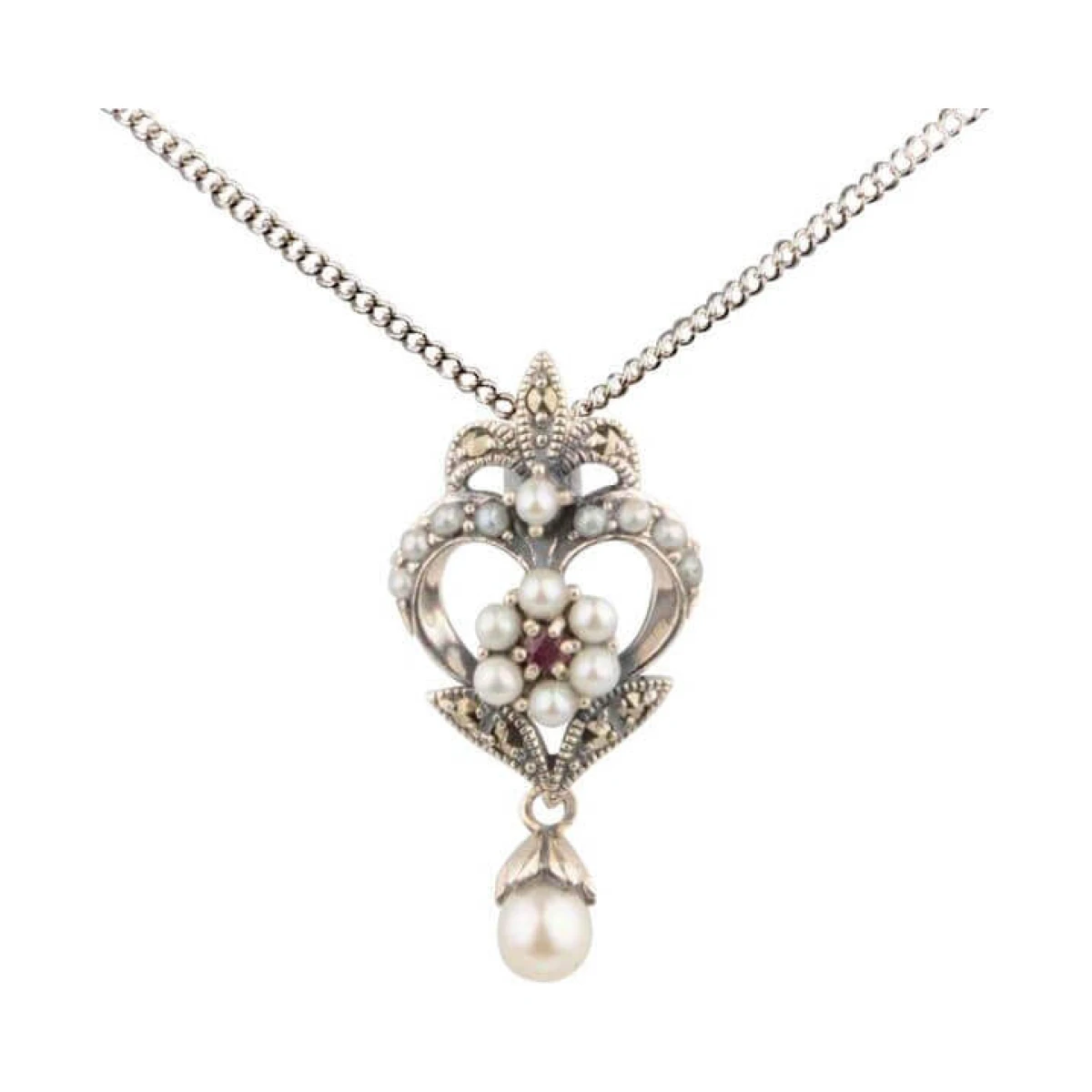 Antique Design Seed Pearl, Ruby & Marcasite Pendant and Chain  |  Silver