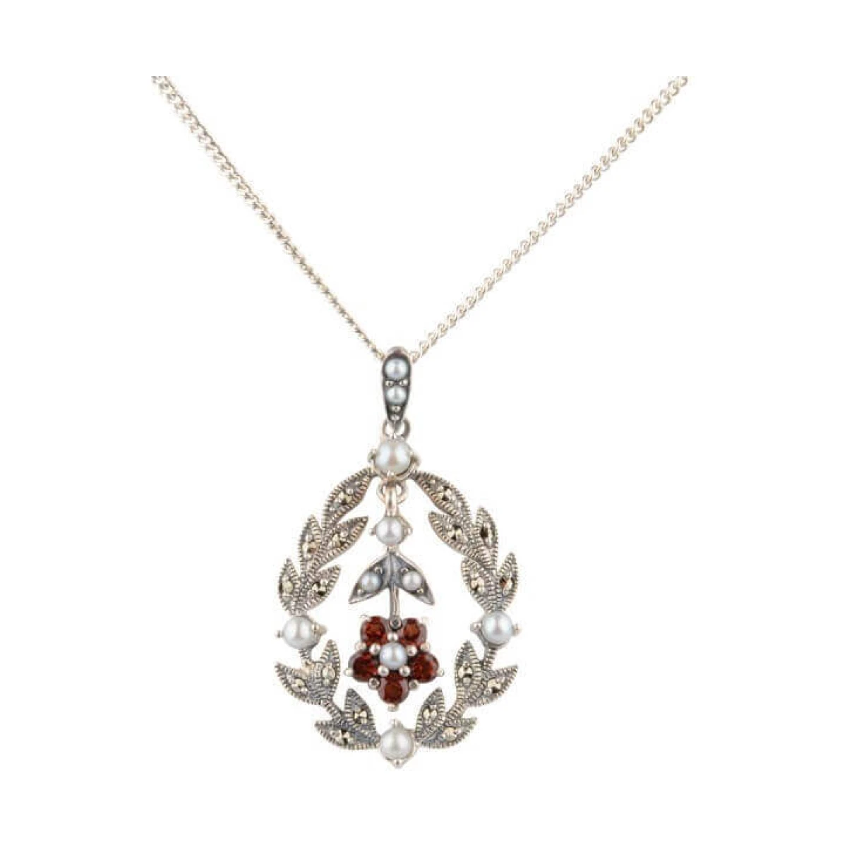 Antique Style Garnet, Marcasite and Seed Pearl Pendant and Chain  |  Silver