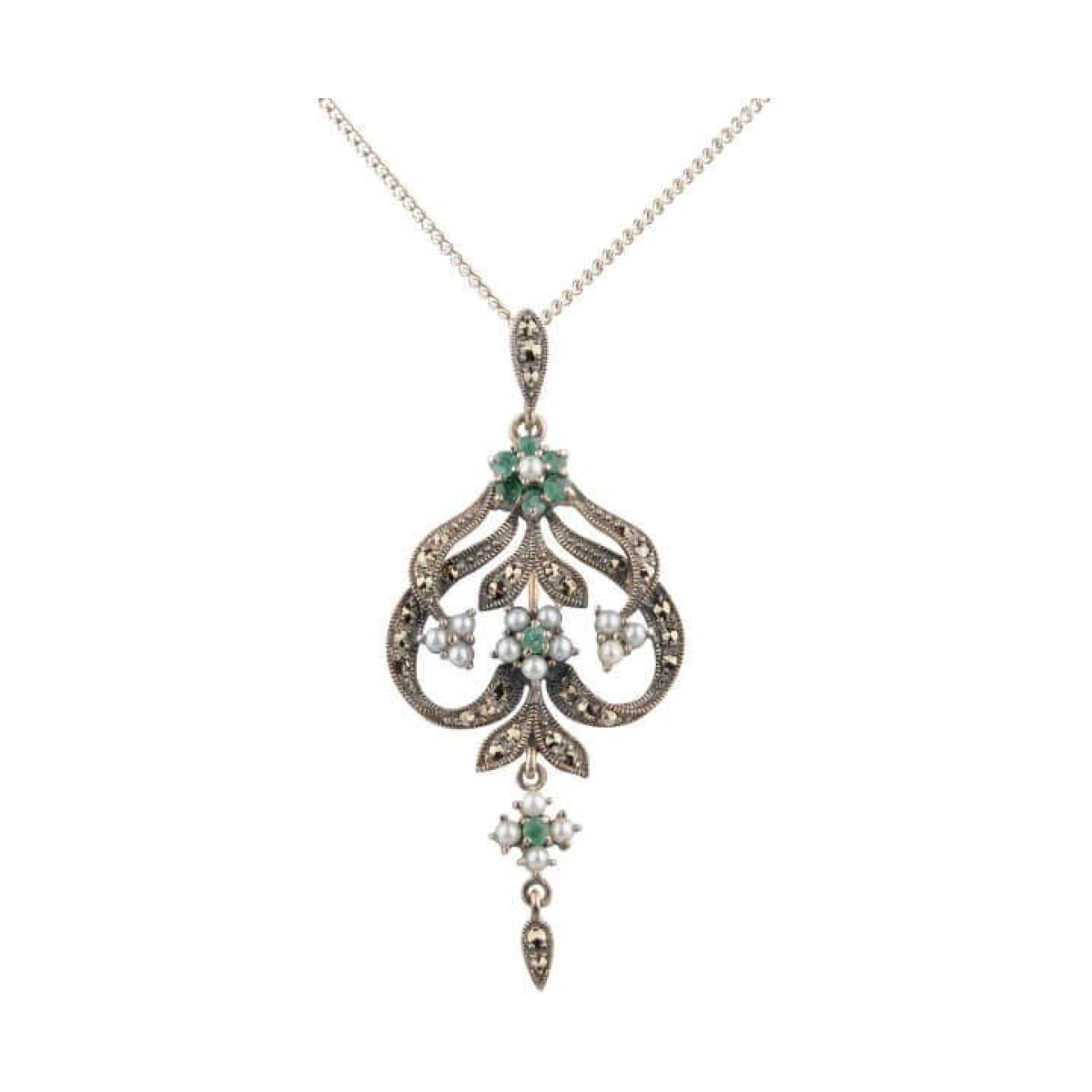 Antique Style Marcasite, Emerald and Seed Pearl Pendant and Chain  |  Silver