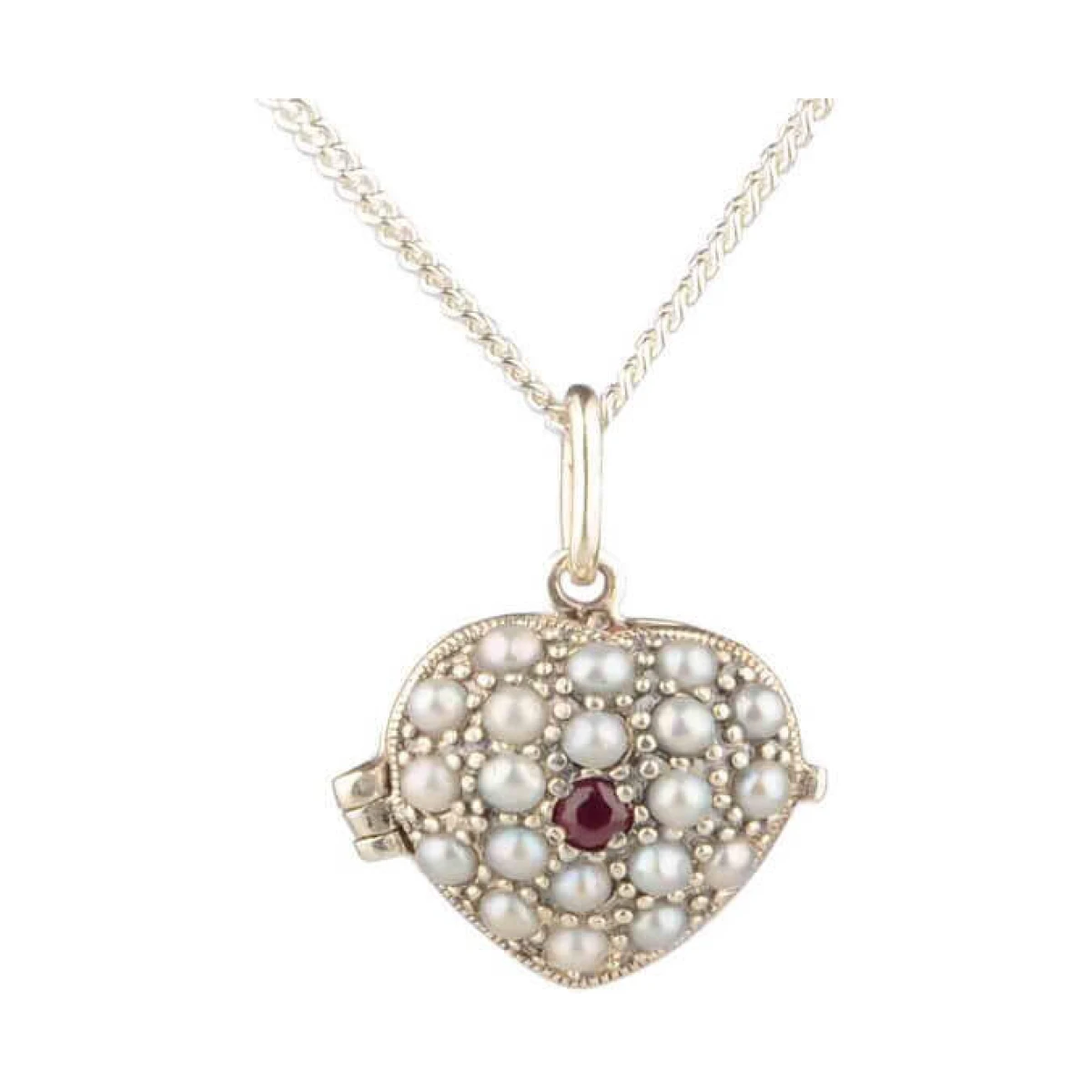 Antique Style Ruby & Seed Pearl Heart Pendant and Chain  |  Silver 