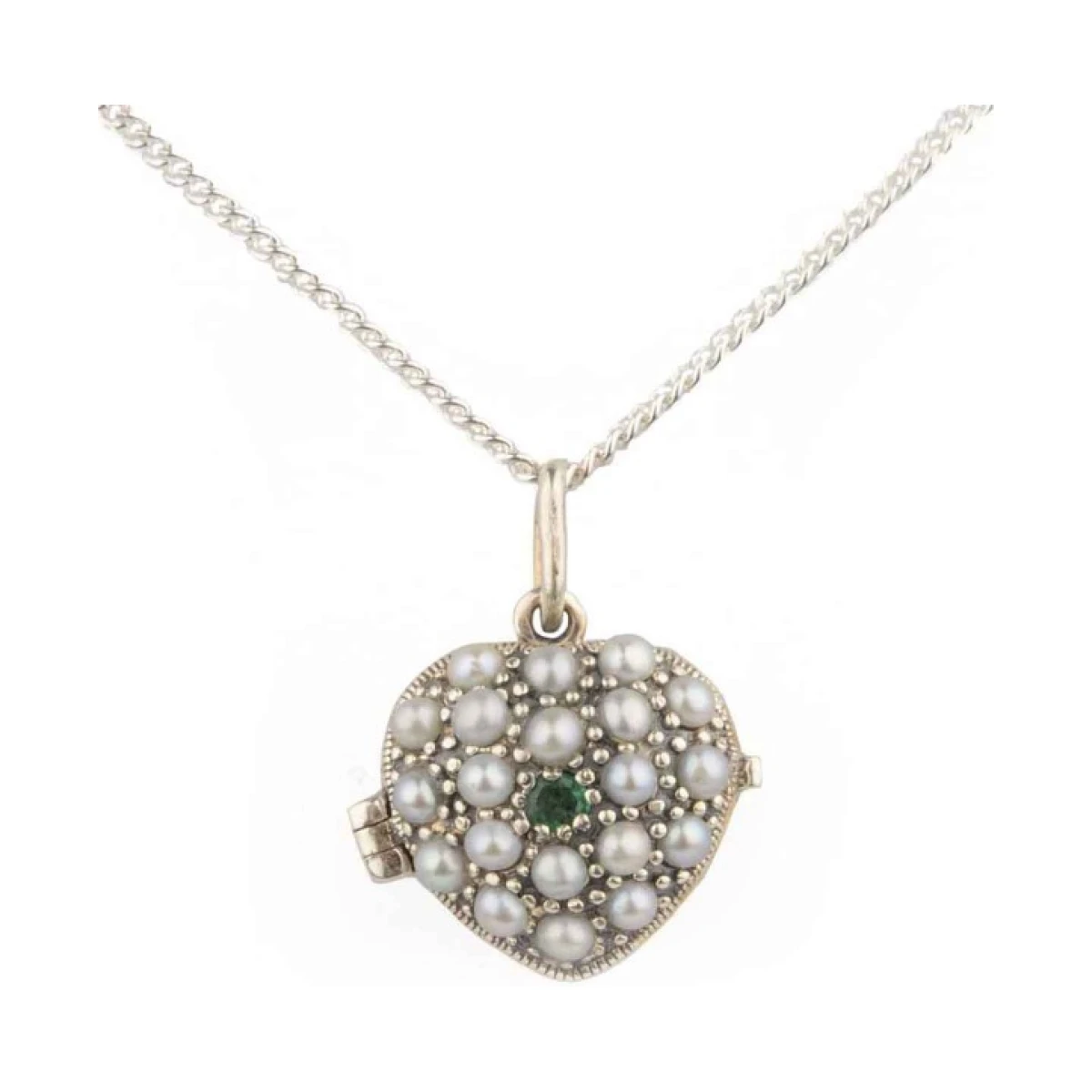 Antique Style Emerald & Seed Pearl Heart Pendant and Chain  |  Silver