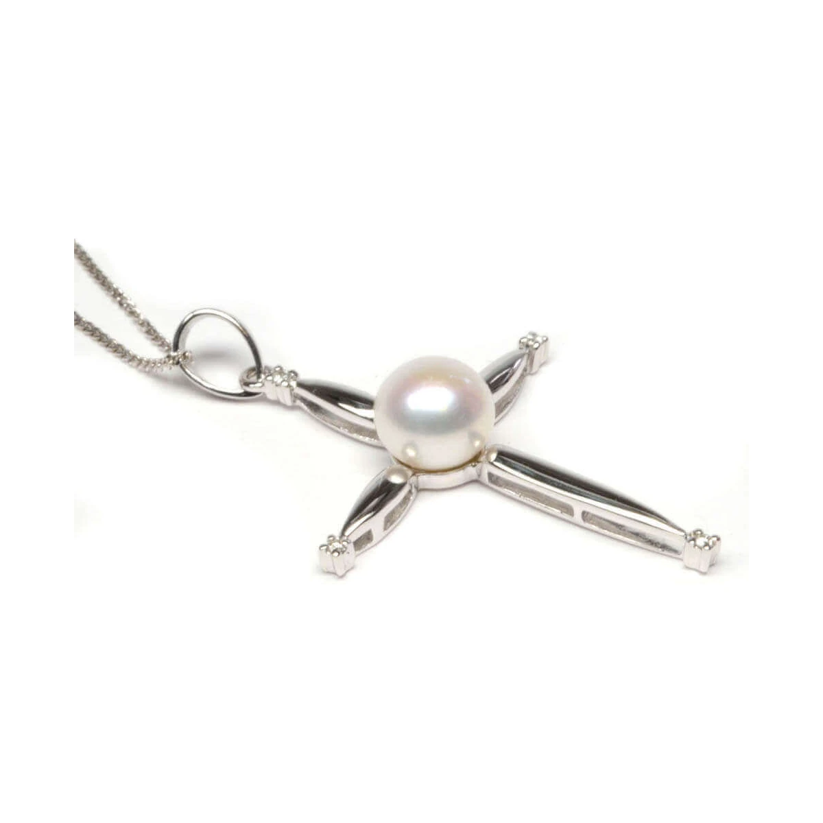 Contemporary Freshwater Pearl & Diamond set Cross  |  White Gold