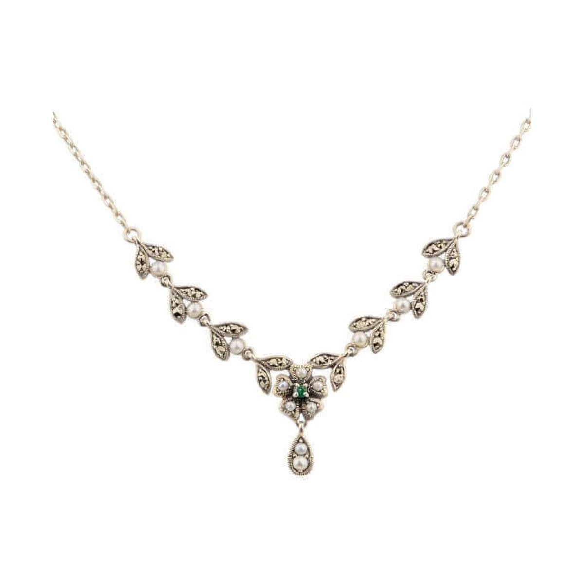 Antique Style Seed Pearl, Emerald & Marcasite Cluster Necklace  |  Silver