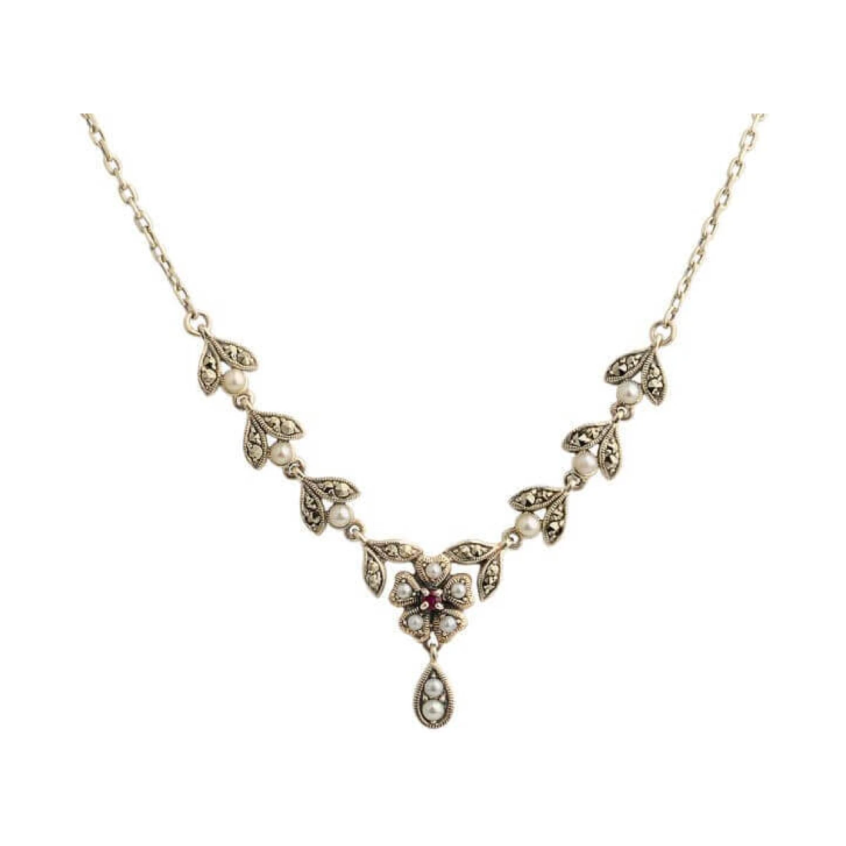  Antique Style Seed Pearl, Ruby & Marcasite Necklace  |  Silver