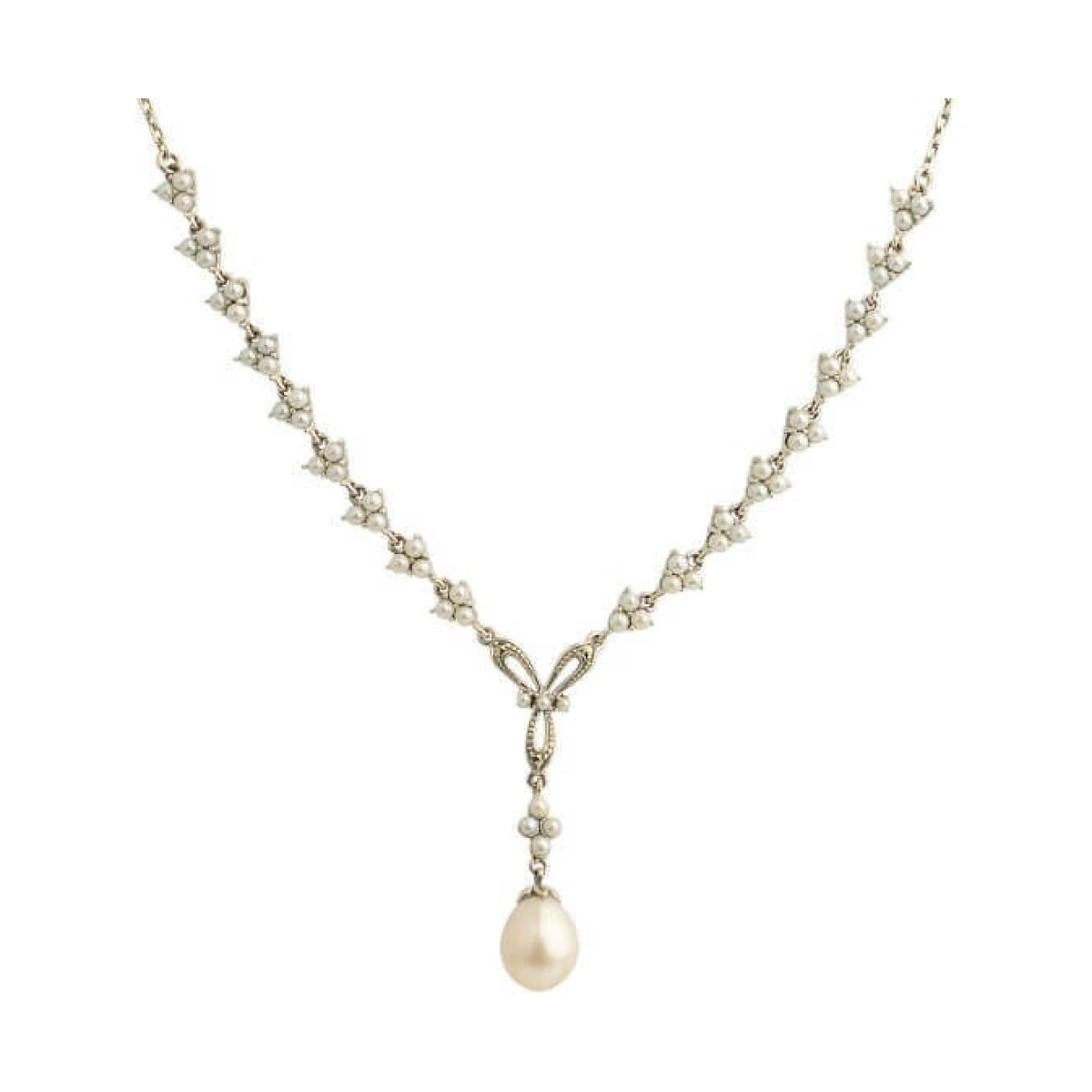 Antique Style Ribbon Design Seed Pearl & Marcasite Necklace  |  Silver