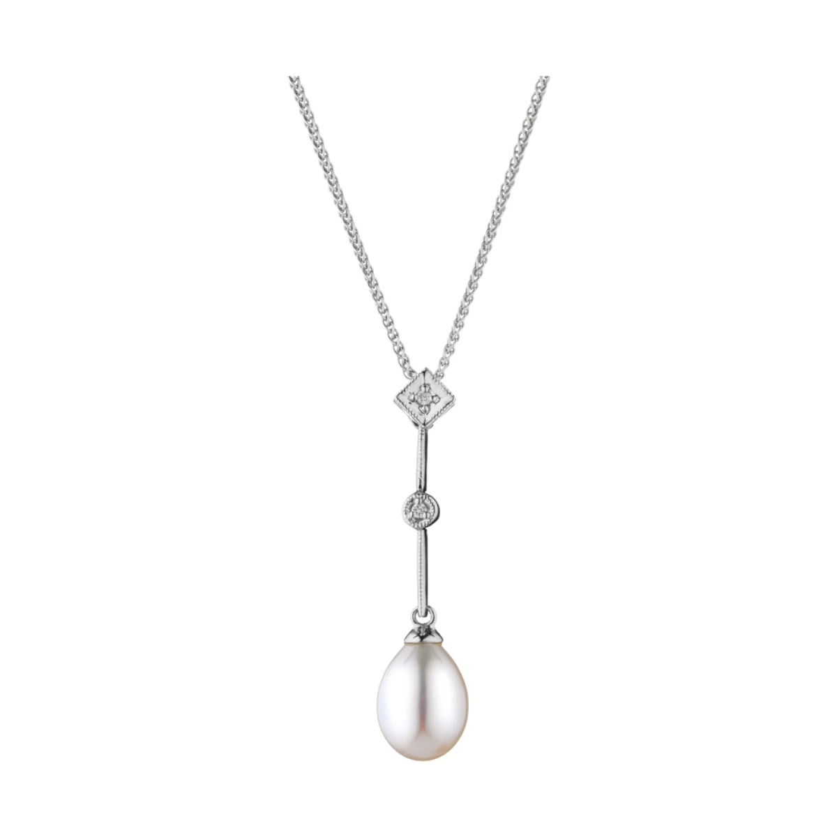 Edwardian Inspired Freshwater Pearl & Diamond Pendant  |  9ct White Gold