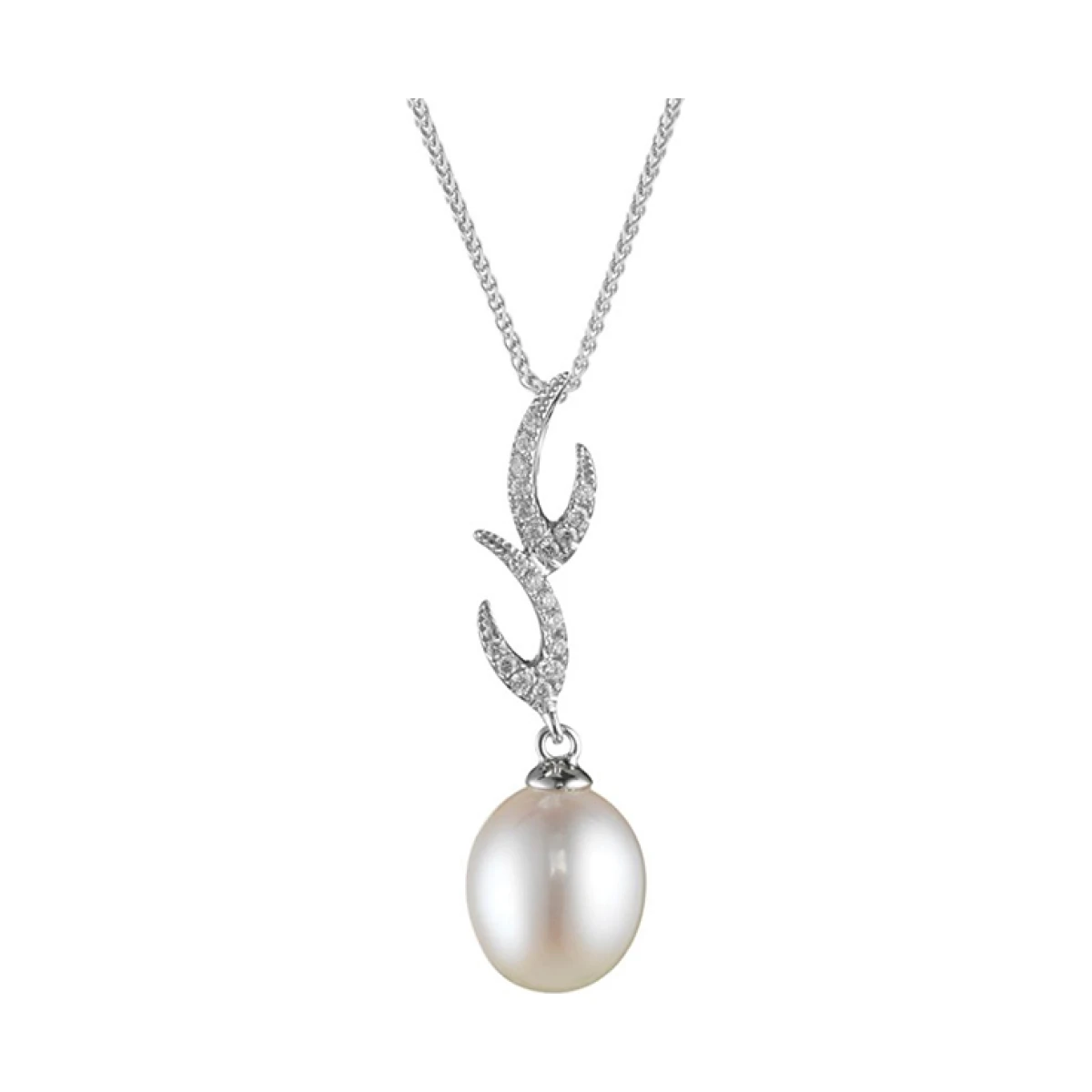 Contemporary Flame Design Freshwater Pearl & Diamond Pendant  |  18ct White Gold