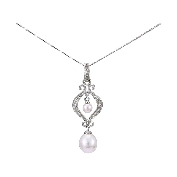 Vintage Style Freshwater Pearl Symmetrical Diamond Set Pendant  |  9ct White Gold