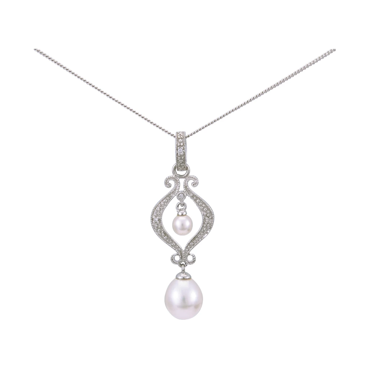 Vintage Style Freshwater Pearl Symmetrical Diamond Set Pendant  |  9ct White Gold