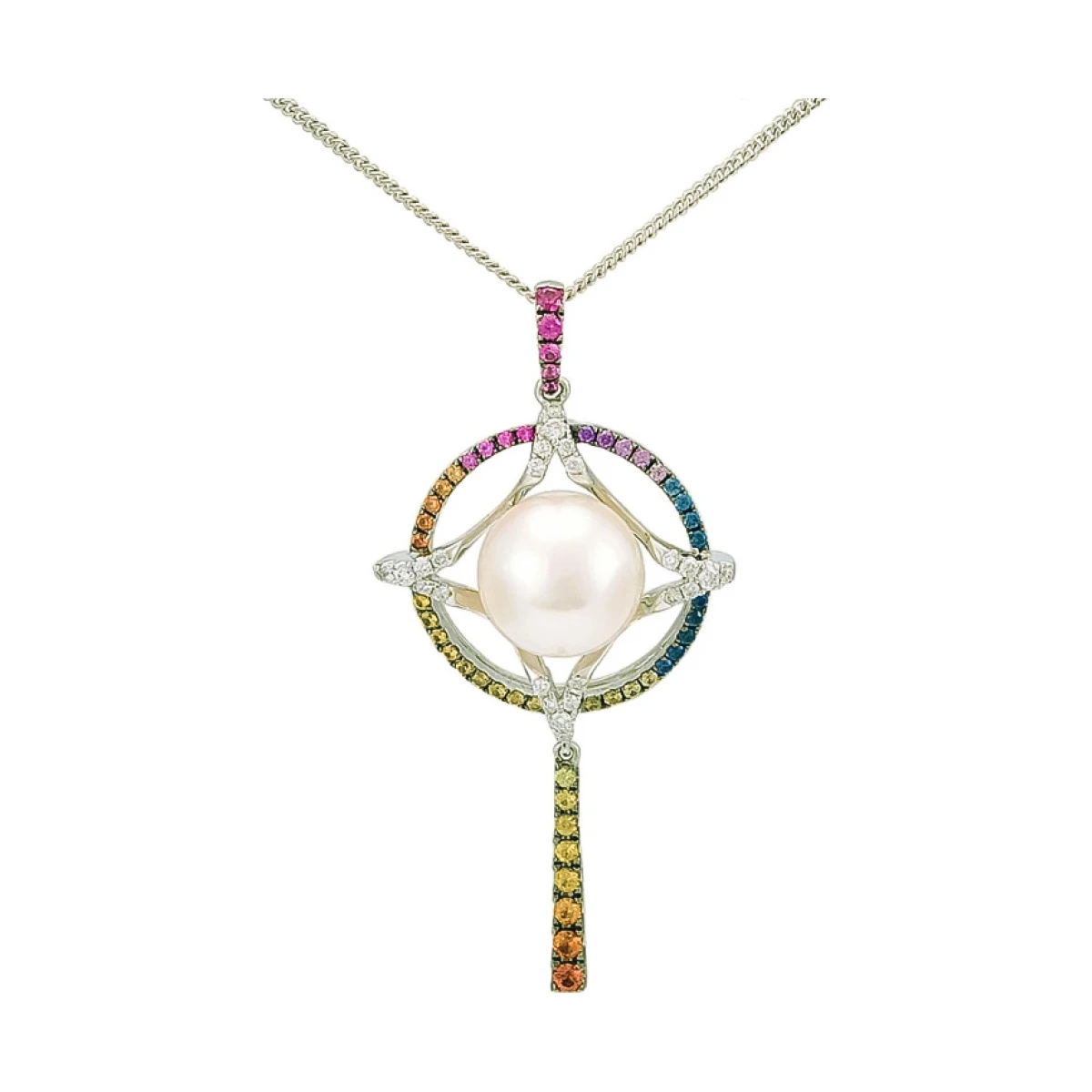 Akoya Pearl, Multi-Colour Sapphire & Diamond Star & Circle Design Pendant  |  18ct White Gold