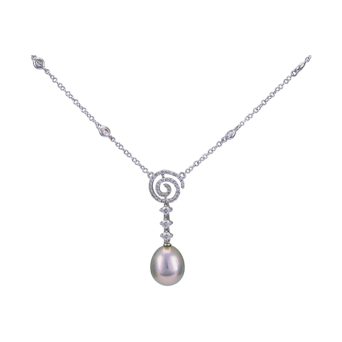 Metallic Grey Freshwater Pearl & Diamond Necklace  |  18ct White Gold