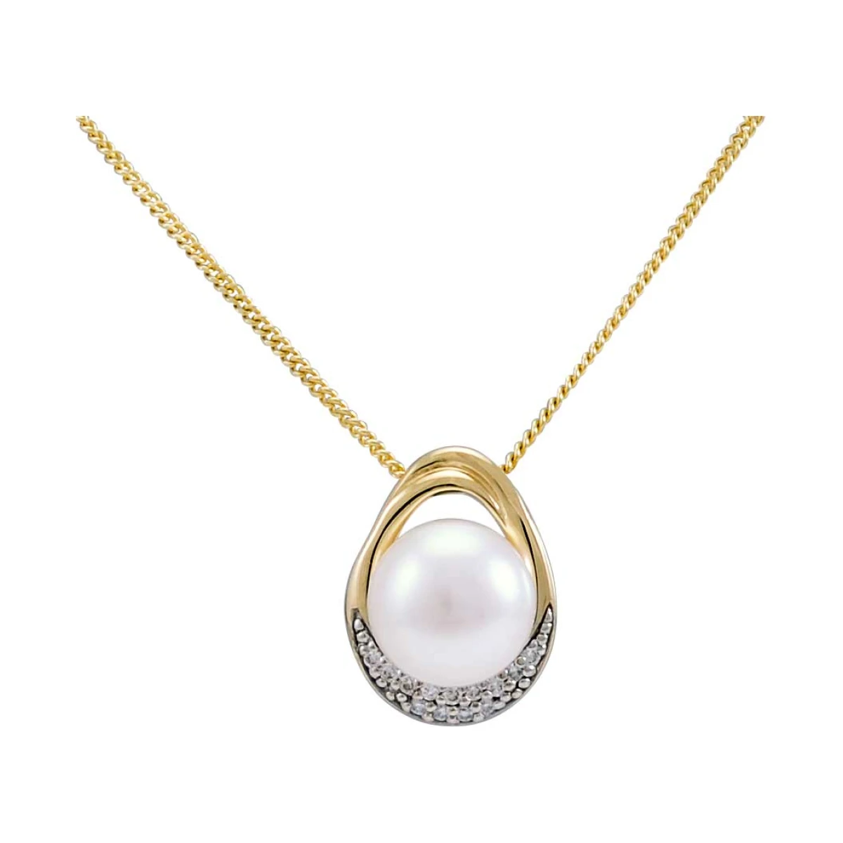 Freshwater Pearl & Diamond Tapered Oval Design Pendant  |  9ct Gold