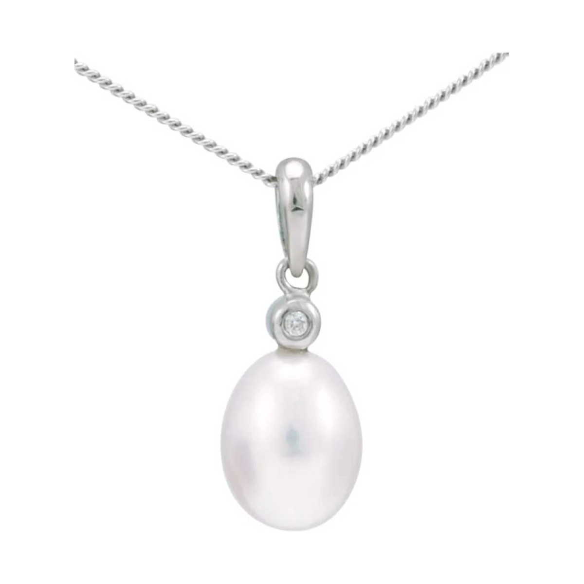 Small Freshwater Pearl and Collet Set Diamond Pendant  |  9ct White Gold